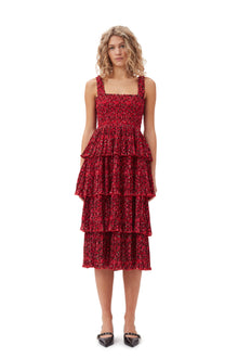 Pleated Georgette Flounce Strap Midi Dress | Racing Red