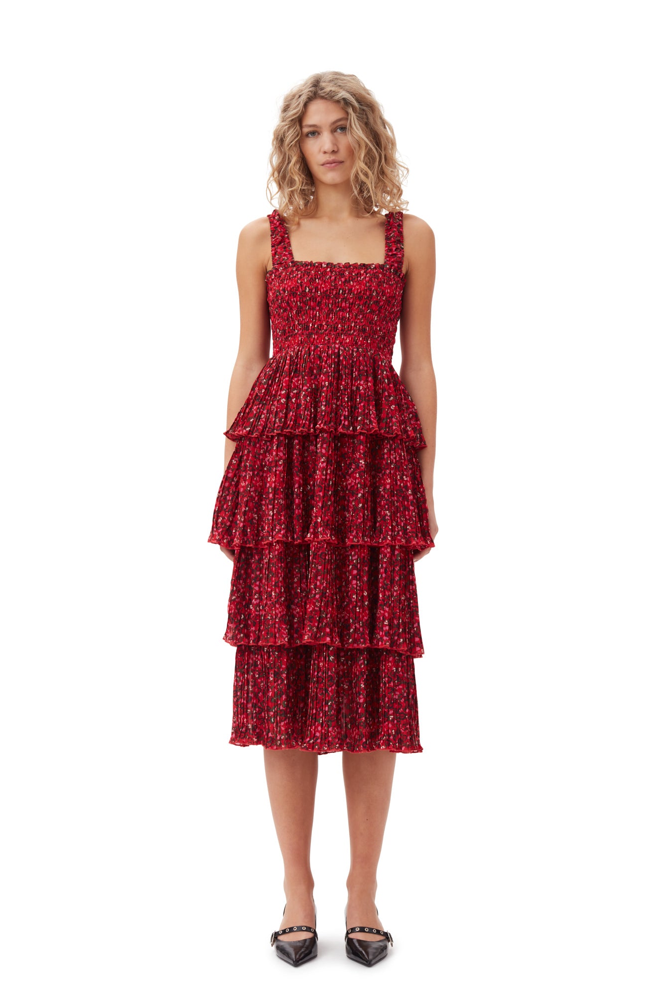 Pleated Georgette Flounce Strap Midi Dress | Racing Red
