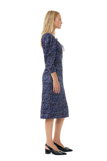 Crinkled Satin Gathered U-neck Midi Dress | Black