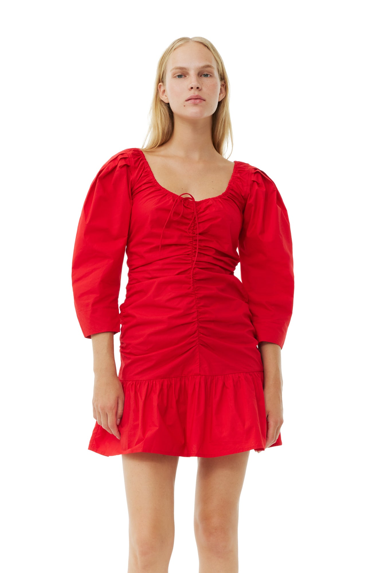 Cotton Poplin Gathered U-neck Mini Dress | Racing Red