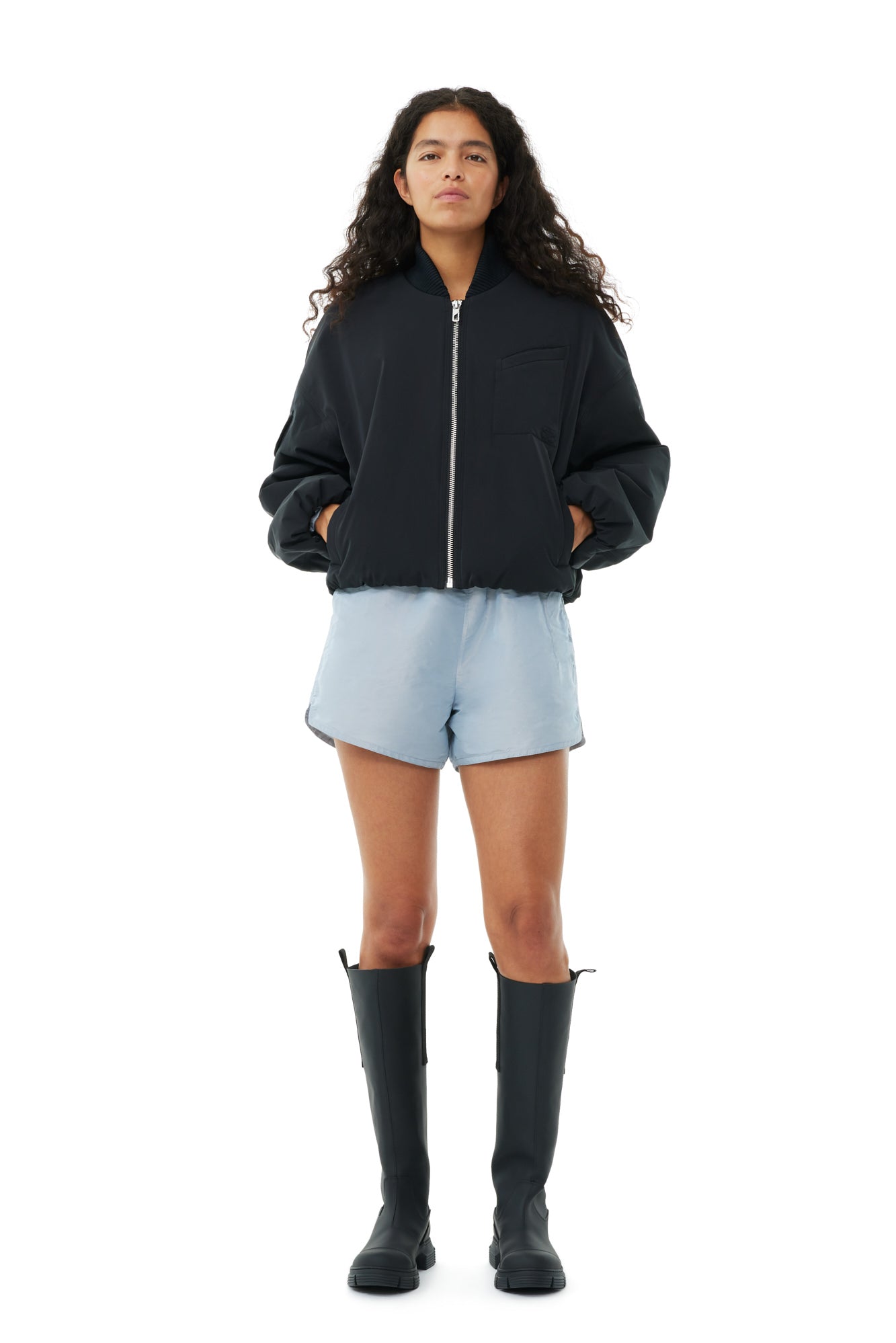 Light Twill Oversized Short Bomber Jacket | Black