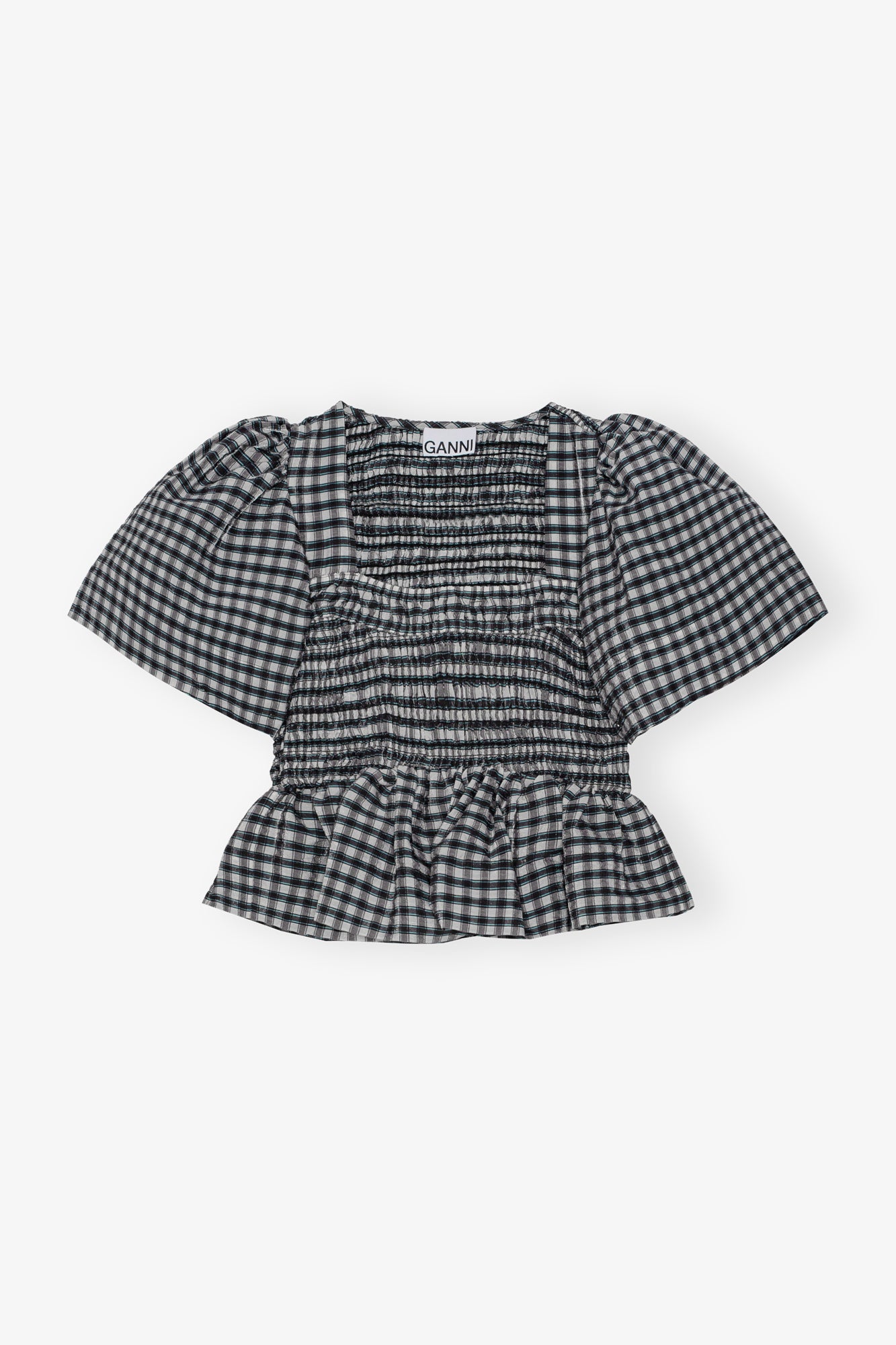 Seersucker Check Open-neck Smock Blouse | Egret