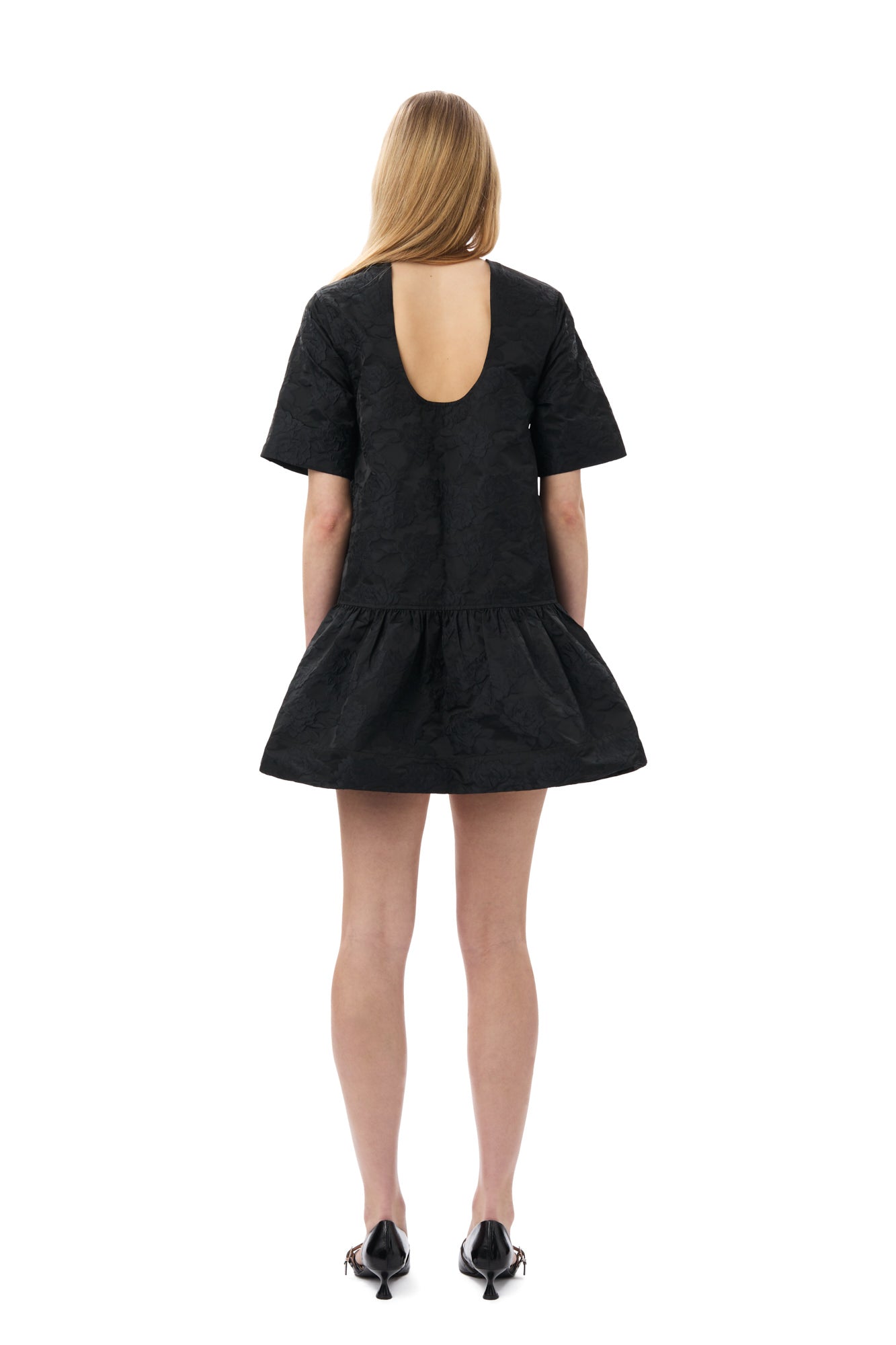 Botanical Jacquard Open-back Mini Dress | Black