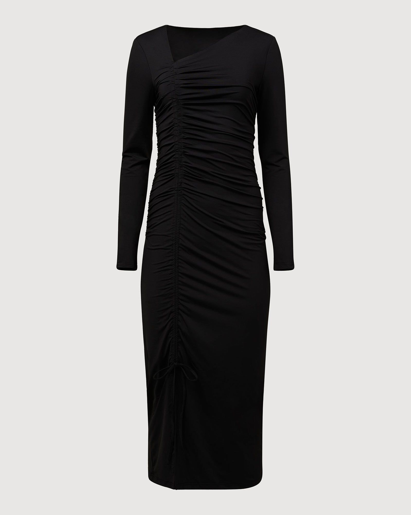 Asymmetrical Shirred Jersey Midi Dress | Black