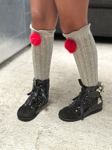 Grey Knee High Socks with Poms  | Red