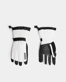 A pair of Rudsak APLEN - 6424505 Optic White ski gloves in white and black, shown front and back with adjustable wrist straps, drawstring cuffs, and waterproof zippers, displayed on a plain light background.
