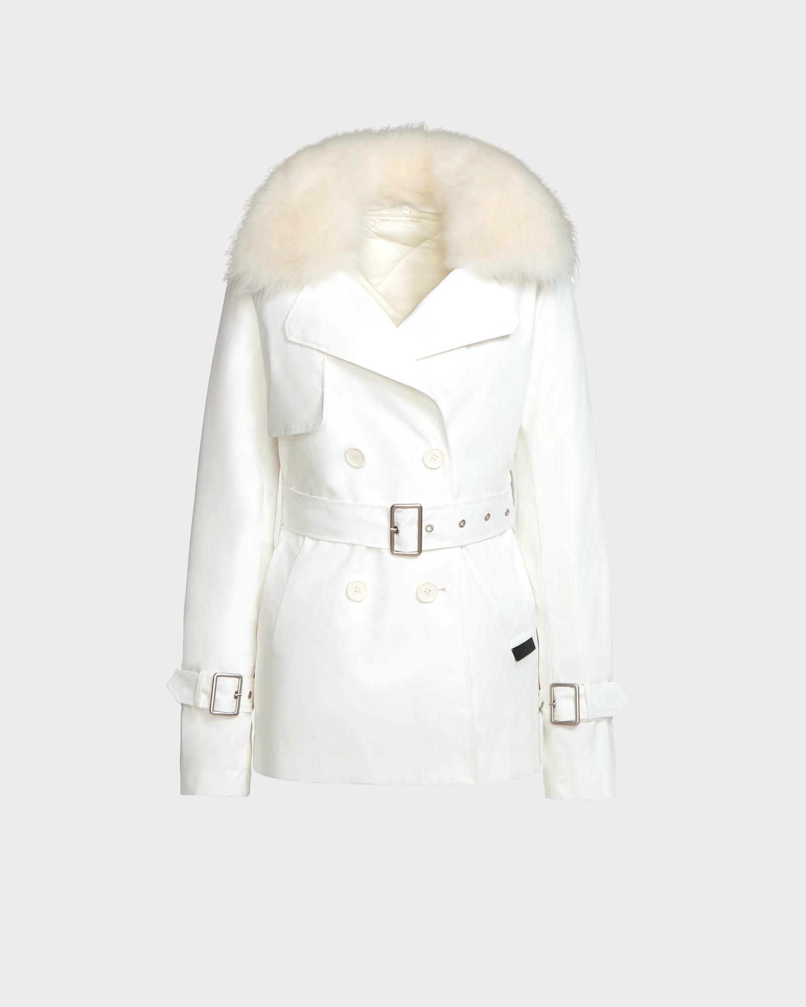 The ELENOR - 8124707 Iceland womens trench coat by Rudsak features a double-breasted design, wide belted waist, matching cuff belts, and a large shearling collar, shown against a plain light background.