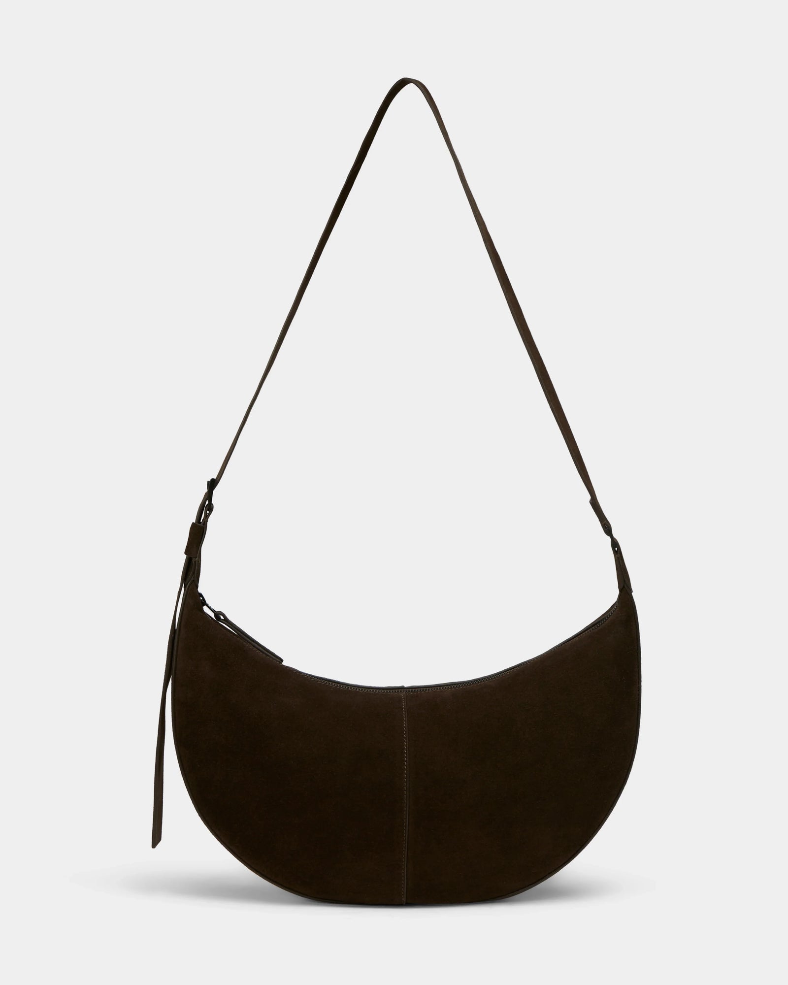 The Rudsak LANISSA S - 8324520 Espresso is a dark brown suede hobo bag with a crescent-shaped body and single wide strap, shown on a plain light grey background—an ideal minimalist accessory for any occasion.