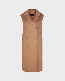 The NOURA - 8124698 Camel vest by Rudsak is a sleeveless, double-breasted womens wool piece in camel with wide lapels and two side pockets, shown against a plain white background.