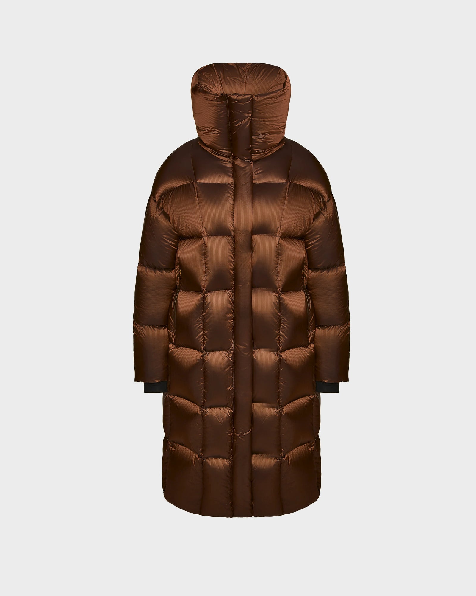 The Rudsak SASH R - 8124543 in Antique Bronze is a womens long down puffer coat with RDS-certified down, a large hood, and unique quilting. Shown from the back on a white background, this stylish winter coat offers warmth and comfort.