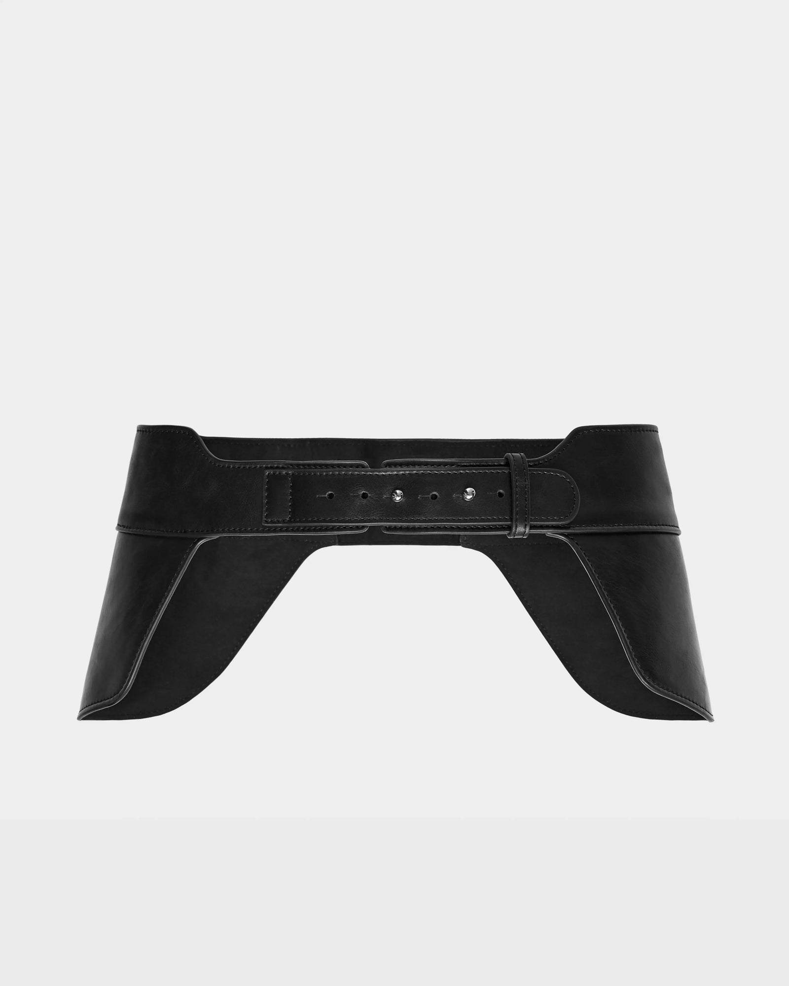 The Rudsak SIMONA - 8424522 Black is a stylish womens leather waist belt with wide, flared side panels and a central buckle, shown against a plain white background.