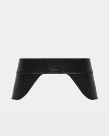 The SIMONA - 8424522 Black by Rudsak is a womens leather waist belt with wide, curved saddle side panels and a small embossed logo at the center front, shown on a plain white background.