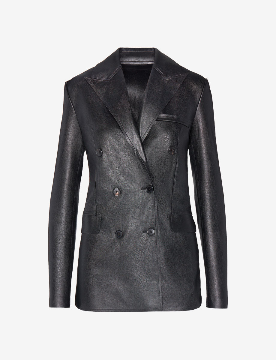 Faux Leather Double-Breasted Blazer::Black::Main