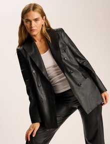 Faux Leather Double-Breasted Blazer::Black::Hover
