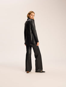 Faux Leather Double-Breasted Blazer::Black::Back