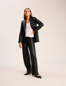 Faux Leather Double-Breasted Blazer::Black::