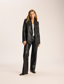 Faux Leather Double-Breasted Blazer::Black::