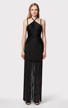 Draped Fringe Strappy Halter Gown | Black