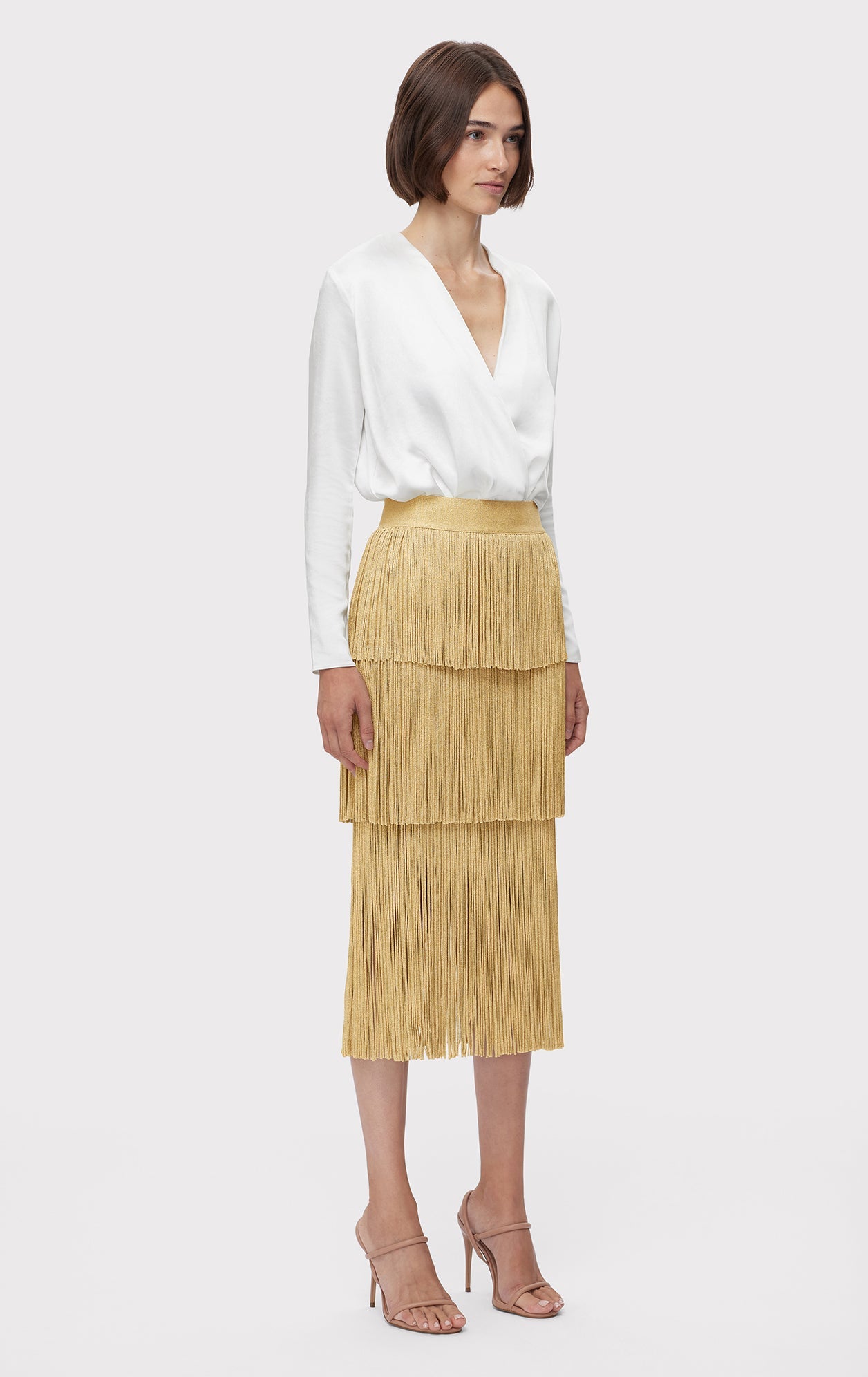 Icon Metallic Layered Fringe Midi Skirt | Metallic Gold