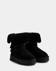 Rudsak INESA - L225026 Black: Black mid-calf women’s suede platform boots featuring a thick fur cuff and decorative side bow, shown on a plain white background.