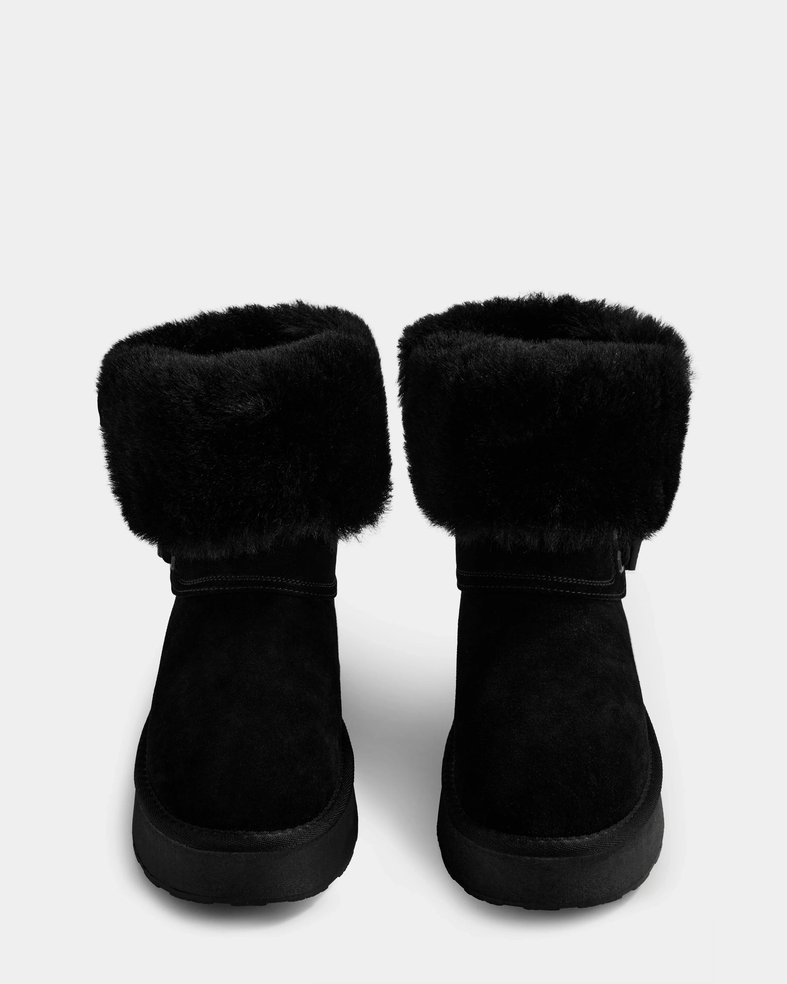 The Rudsak INESA - L225026 Black women’s suede platform boots feature thick, folded-over furry cuffs and soft wool lining, shown side by side against a plain white background.