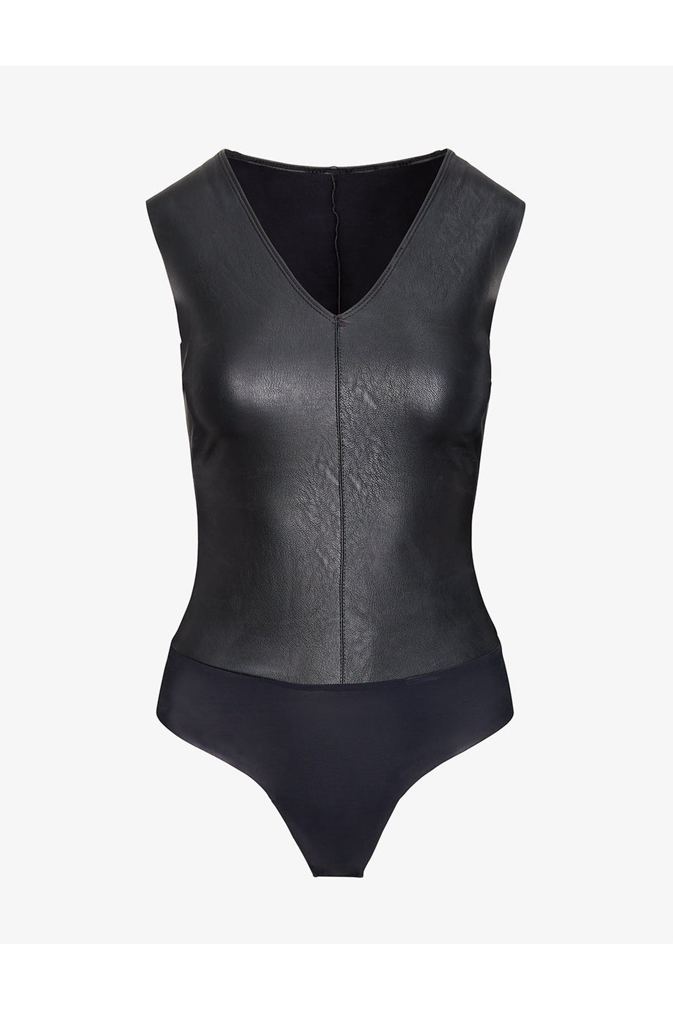 Faux Leather V-Neck Bodysuit | Black