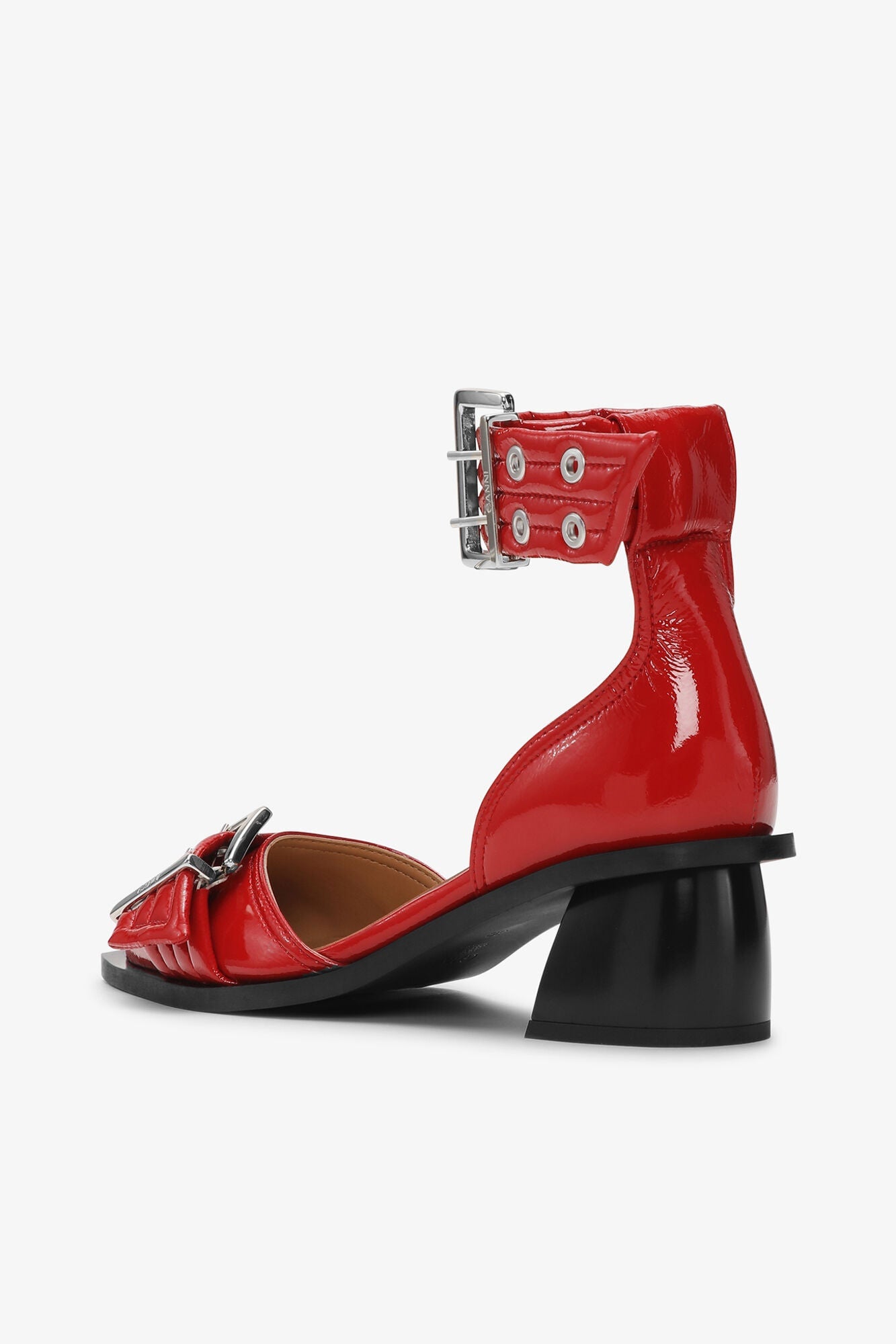 Feminine Buckle Open Cut Pumps | Racing Red