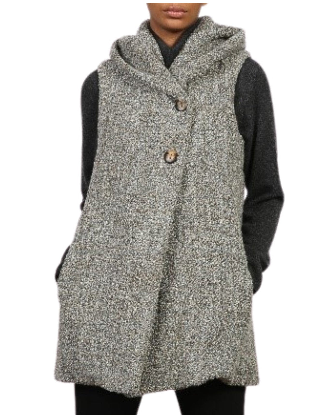 Fleurette | Women | Boucle Hooded Vest With An Asymmetrical 2 Button Closure | Granite