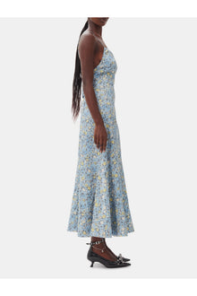 Floral Crinkled Satin Long Dress | Dusty Blue