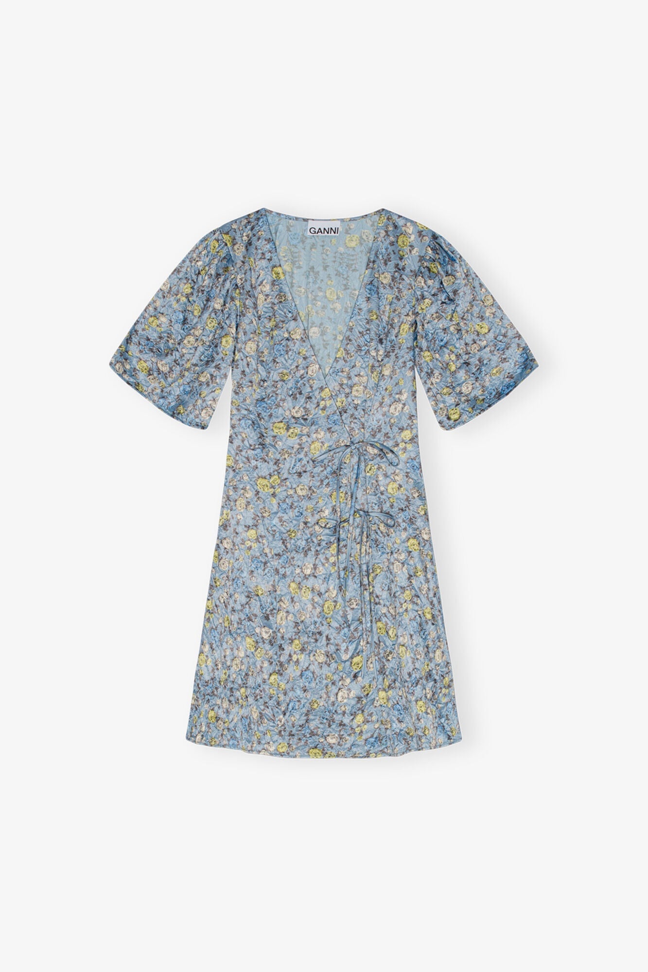 Floral Printed Crinkled Satin Mini Wrap Dress | Dusty Blue