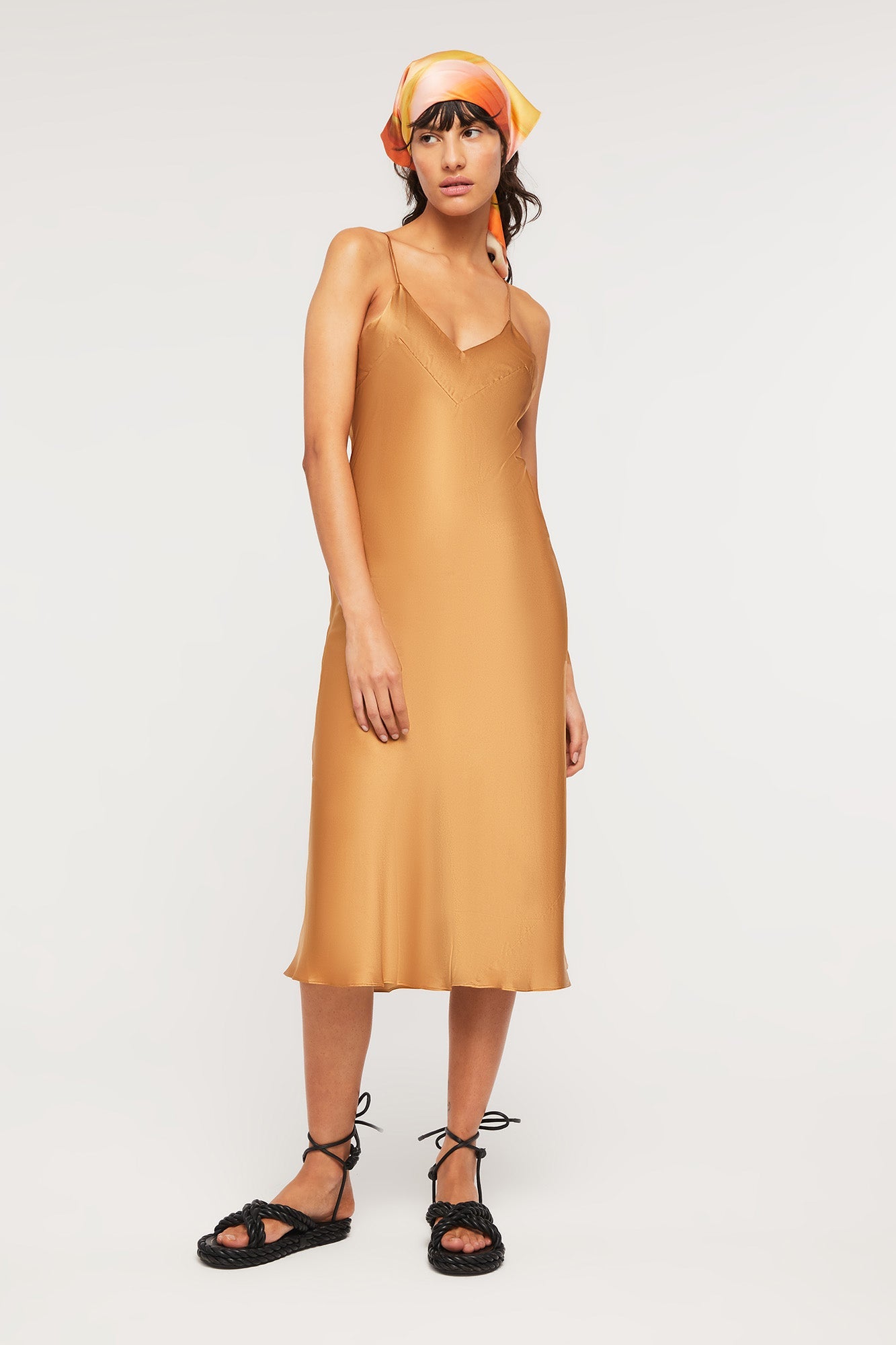 GINIA Silk V Neck Slip in Caramel 19 Momme Silk