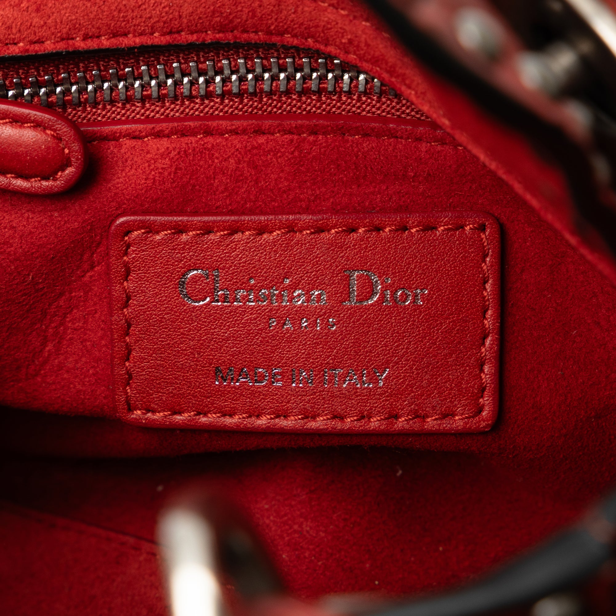 Dior | Pre-Owned Mini Embossed Calfskin Cannage Studded Flower Lady | Red