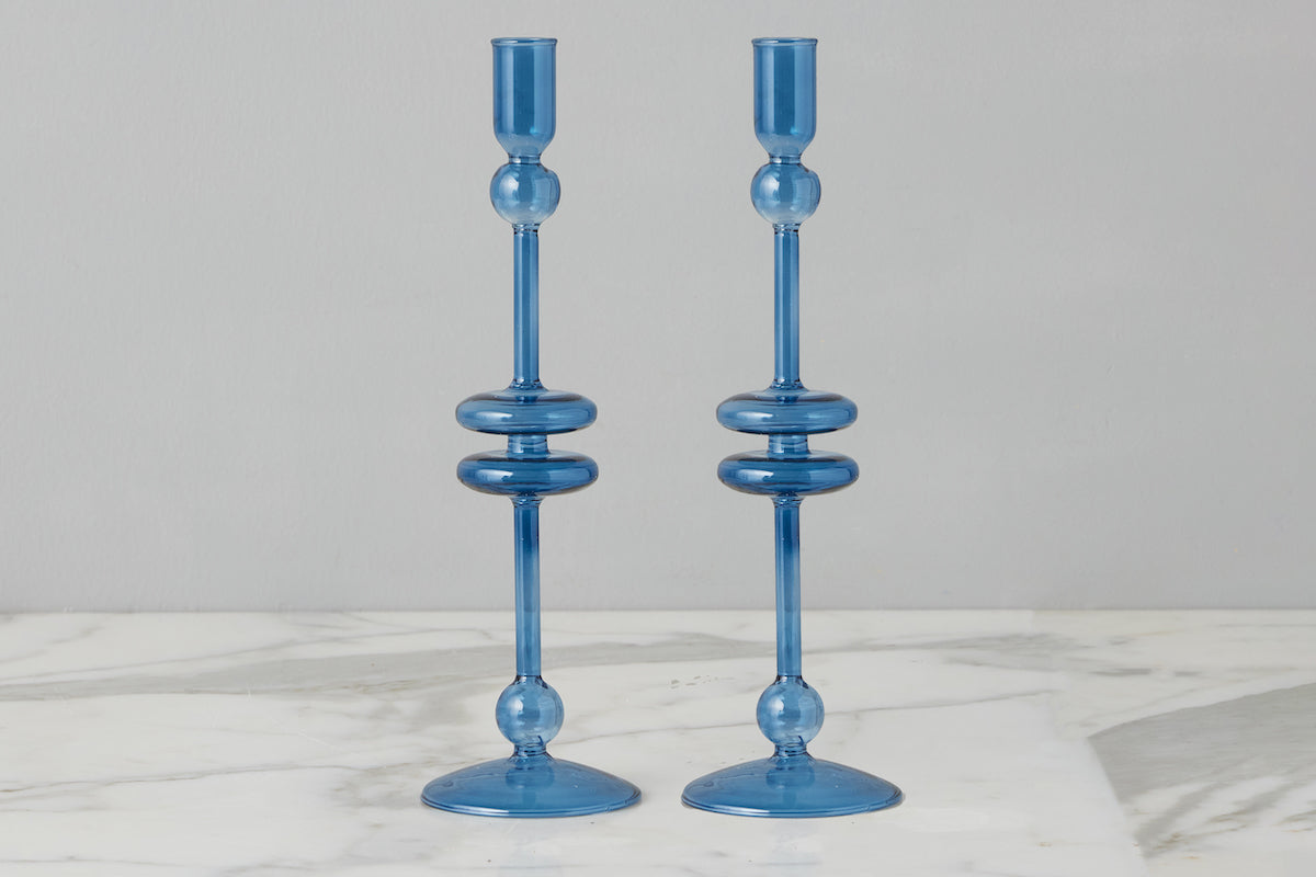 Glass Candlestick | Sapphire | Large | Set of 2
