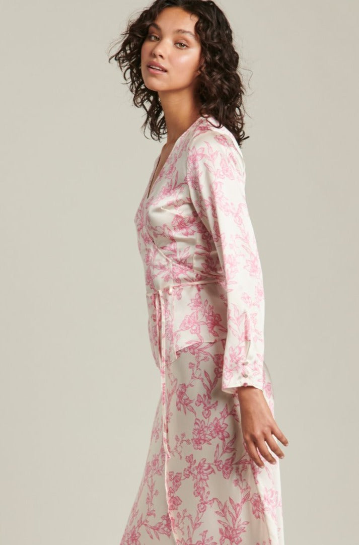 GINIA Silk Isabel Wrap Top Pink Sketch Floral