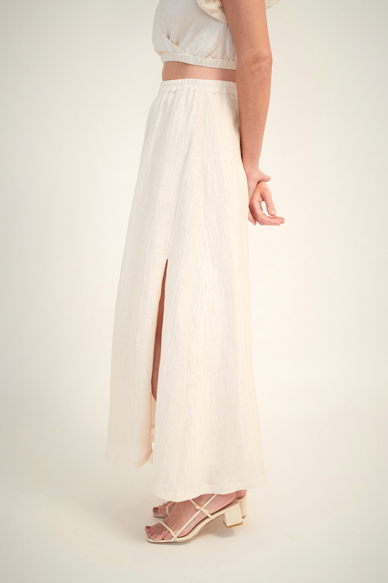 GINIA Silk Linen Carmen Midi Skirt in Ivory