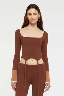 GINIA Hazel Tie top in Chocolate/Sky Blue