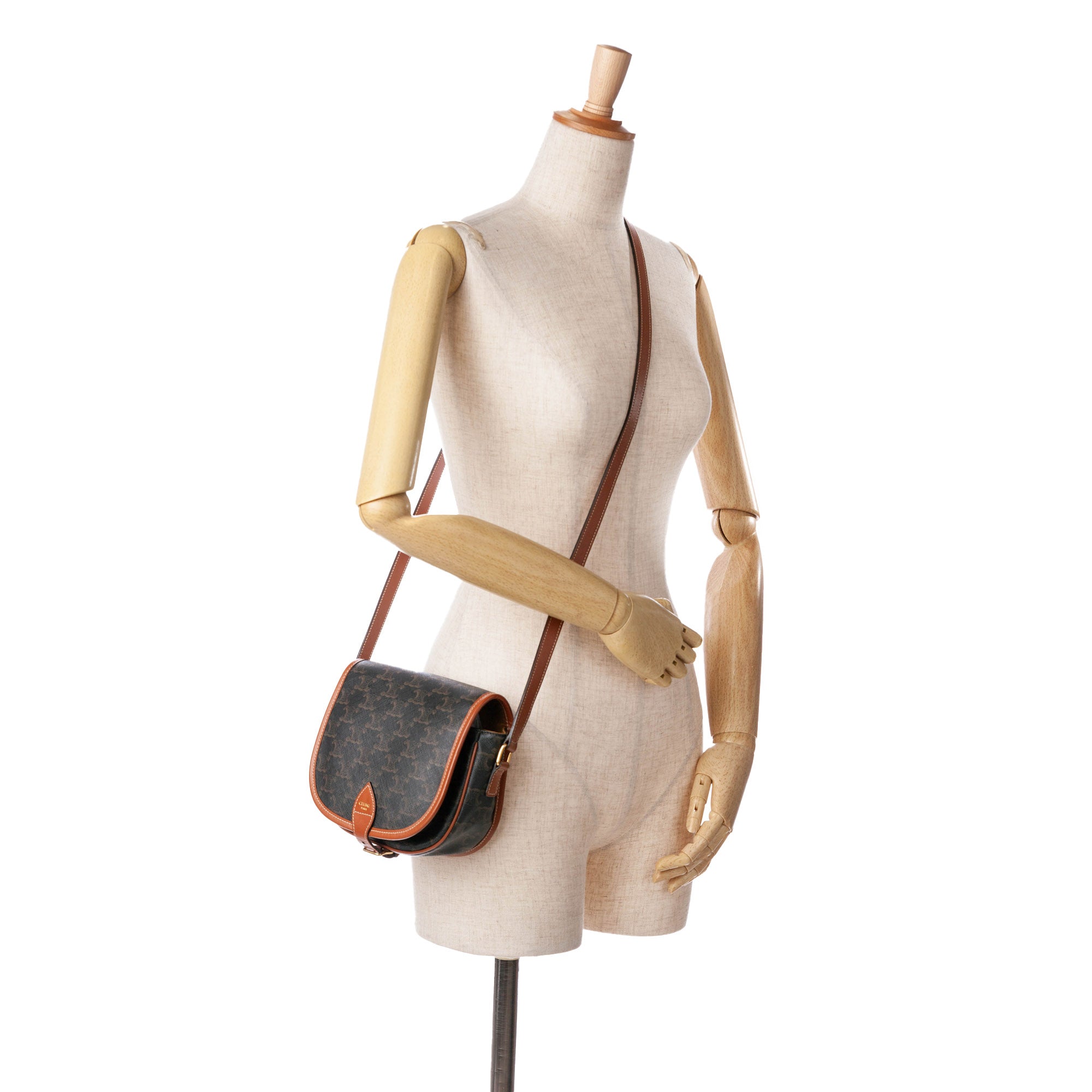 Celine | Pre-Owned Medium Triomphe Coated Canvas Folco Crossbody - I | Brown/Dark Brown