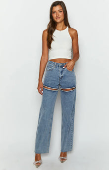 Gem Diamante Trim Wide Leg Jeans | Denim