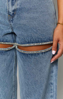 Gem Diamante Trim Wide Leg Jeans | Denim