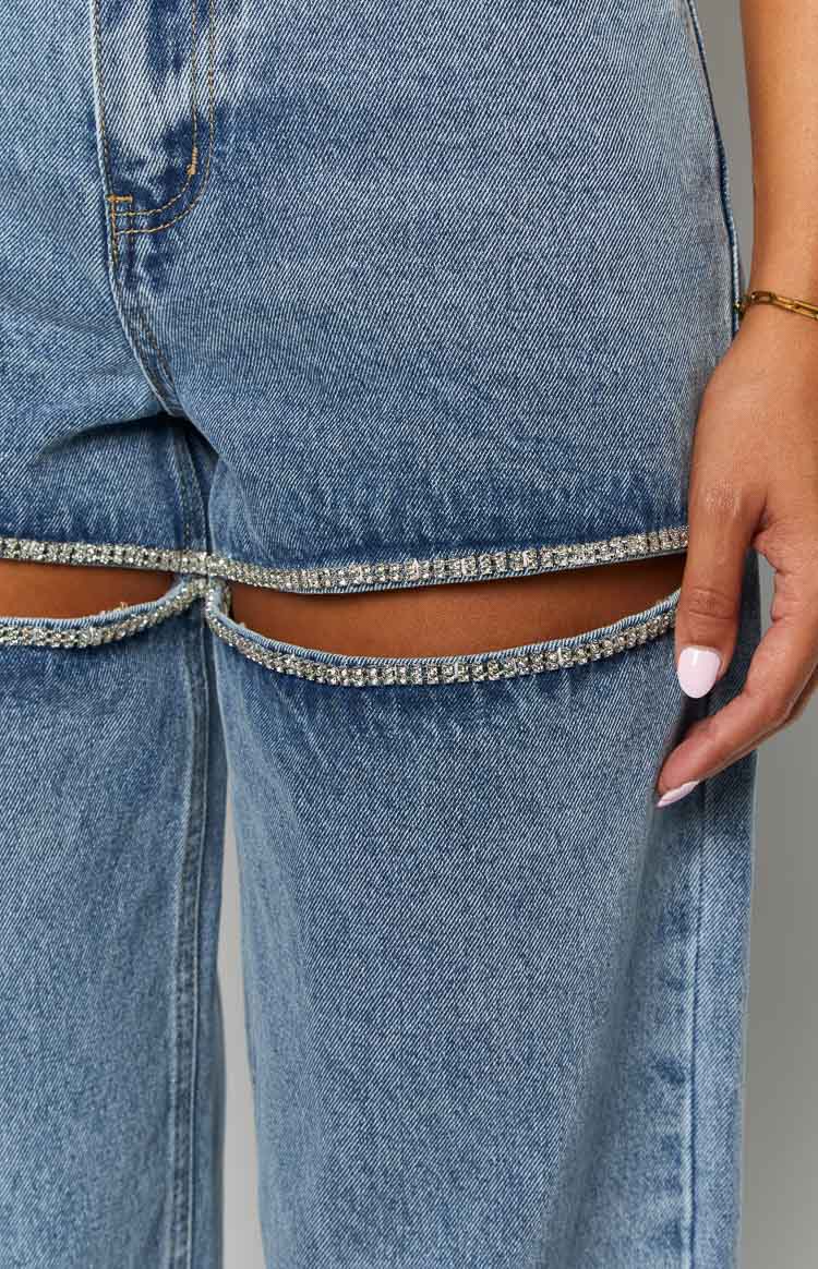 Gem Diamante Trim Wide Leg Jeans | Denim
