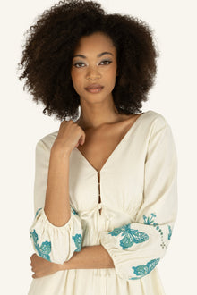 Gia Dress | Antique Creme x Multi Blue Embroidery