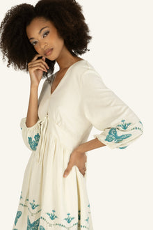 Gia Dress | Antique Creme x Multi Blue Embroidery