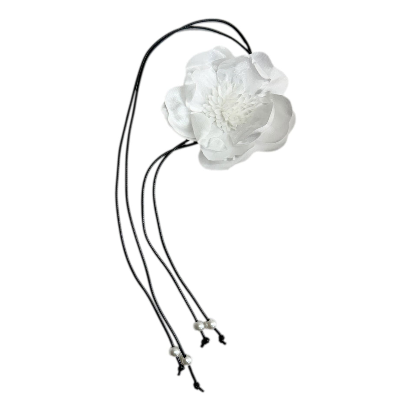 Girl | Alex Flower Tie With Black String and Pearl Tassels | White