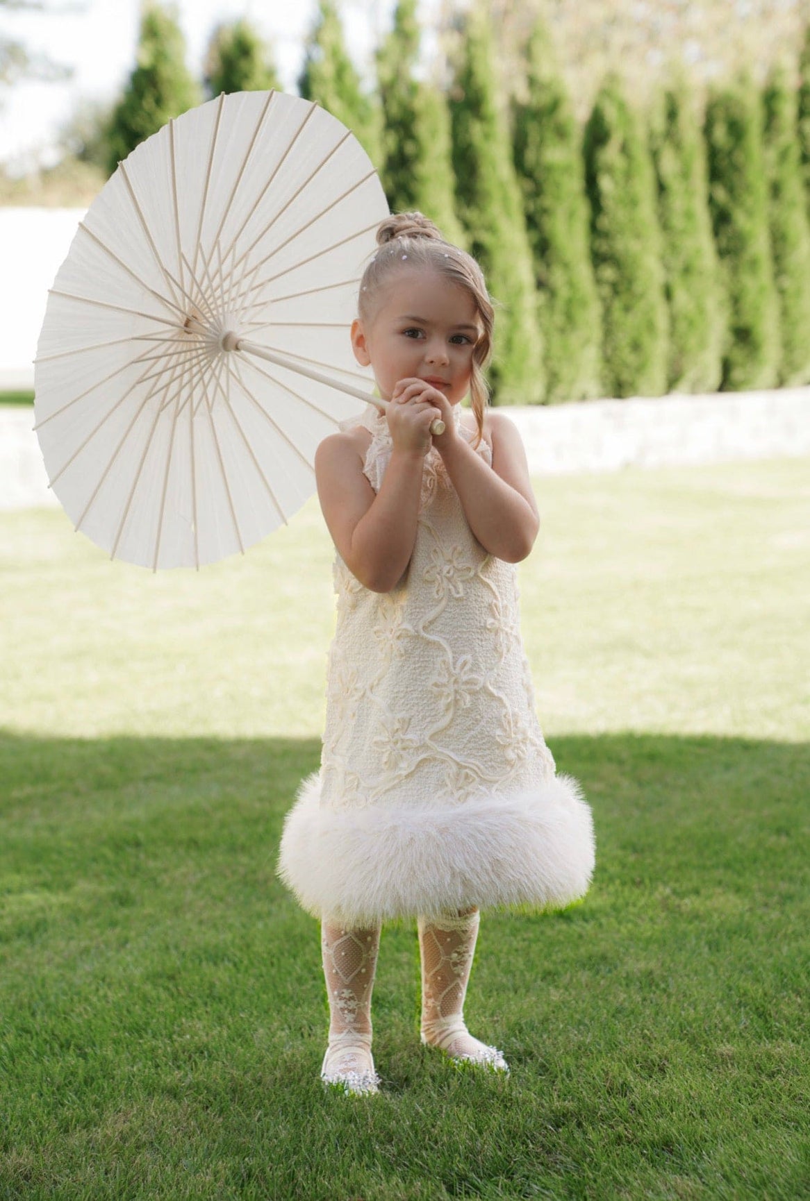 Girl | Ava Ivory Flower Faux Fur Dress