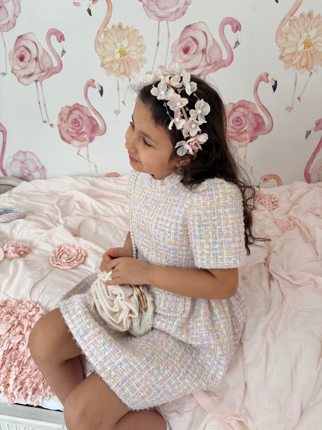Girl | Cherry Blossom Flower Pearl Headband | White x Pink