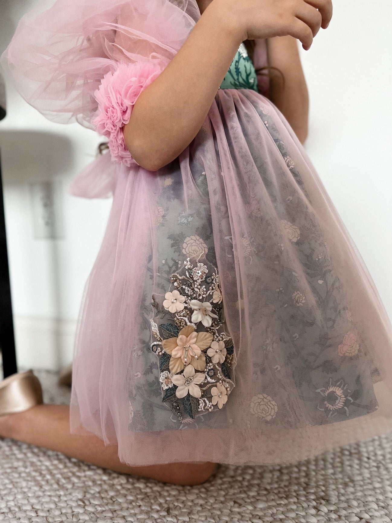 Girl | Eva And Floral Tulle Dress | Pink x Green