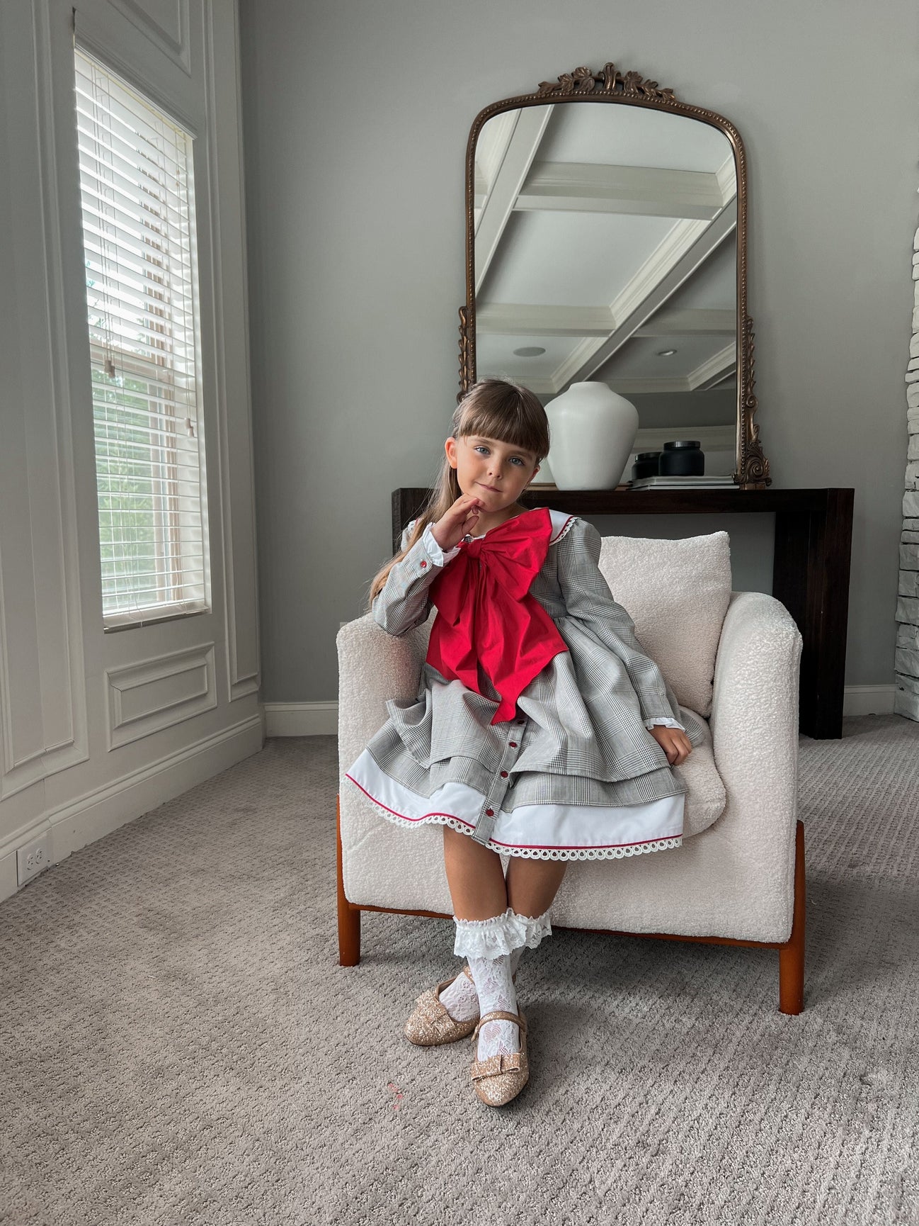 Girl | Georgina Tartan Print Dress with Bow | White x Black x Red