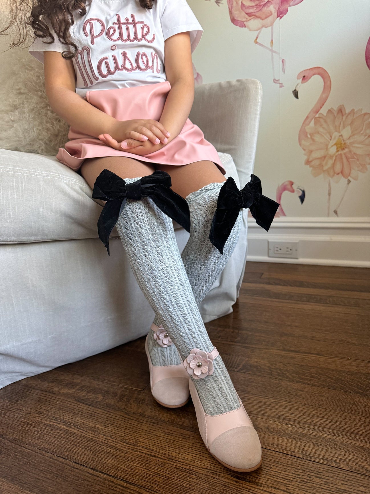Girl | Grey Knee High Socks with Velvet Bows | Gray x Black