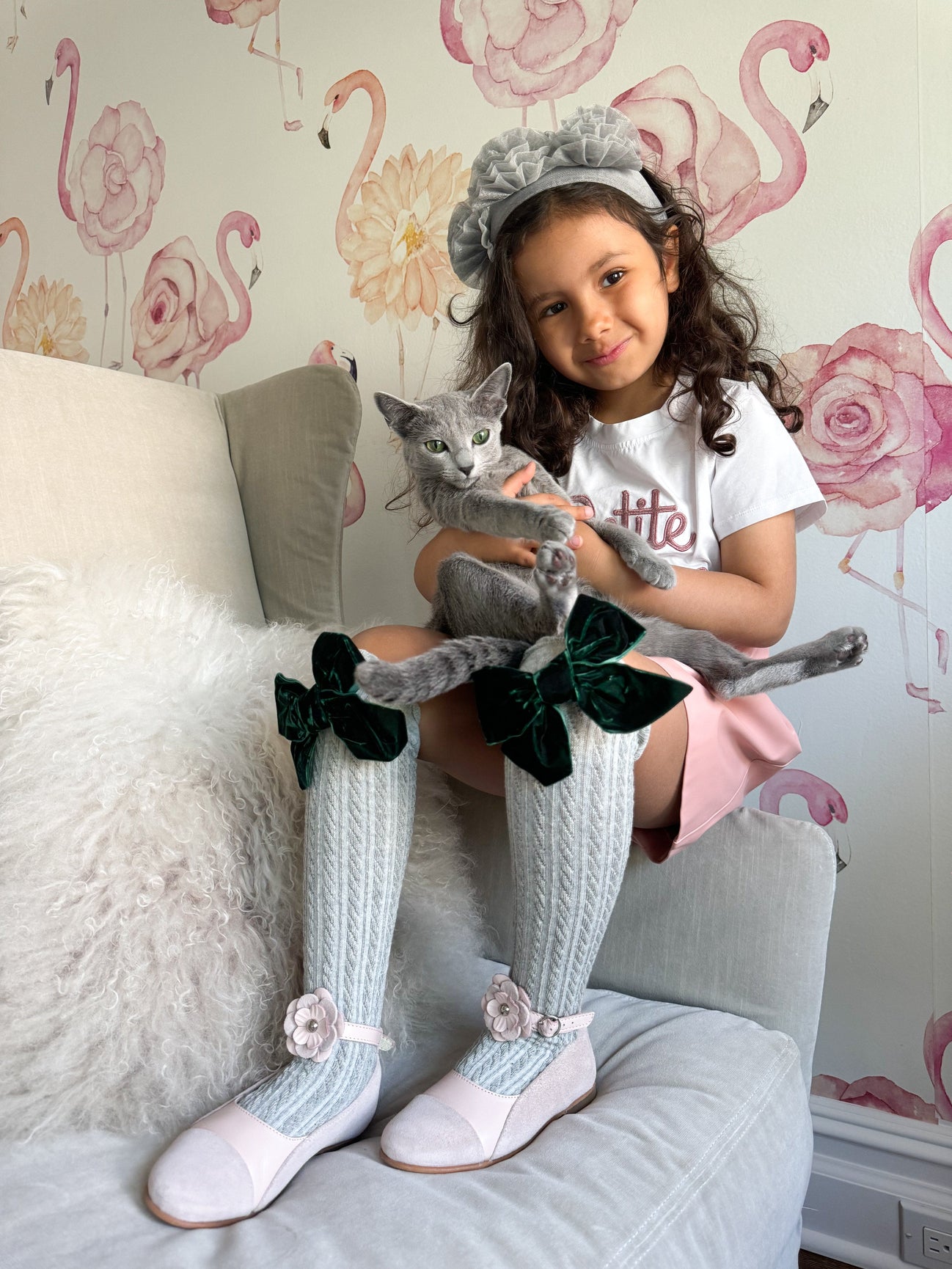 Girl | Grey Knee High Socks with Velvet Bows Royal | Gray x Green