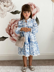 Girl | Jaylin Linen Blue and White Long Sleeve Dress